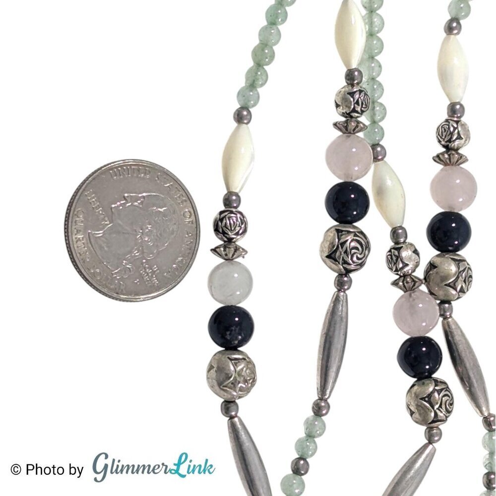 Vintage Bird Inlay Pendant Necklace Aventurine Rose Quartz Onyx Silver Tone - Picture 12 of 15